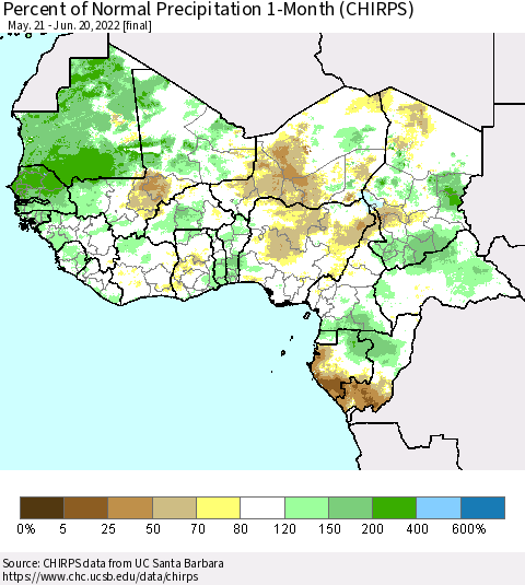 Western Africa Percent of Normal Precipitation 1-Month (CHIRPS) Thematic Map For 5/21/2022 - 6/20/2022