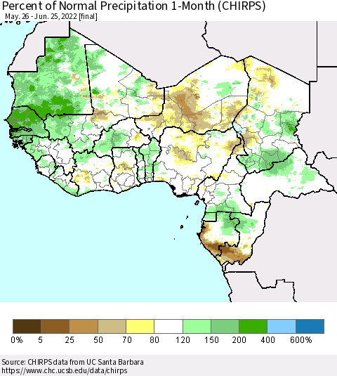 Western Africa Percent of Normal Precipitation 1-Month (CHIRPS) Thematic Map For 5/26/2022 - 6/25/2022