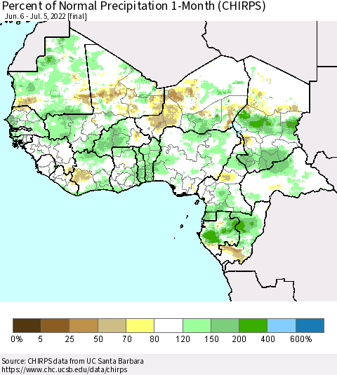 Western Africa Percent of Normal Precipitation 1-Month (CHIRPS) Thematic Map For 6/6/2022 - 7/5/2022