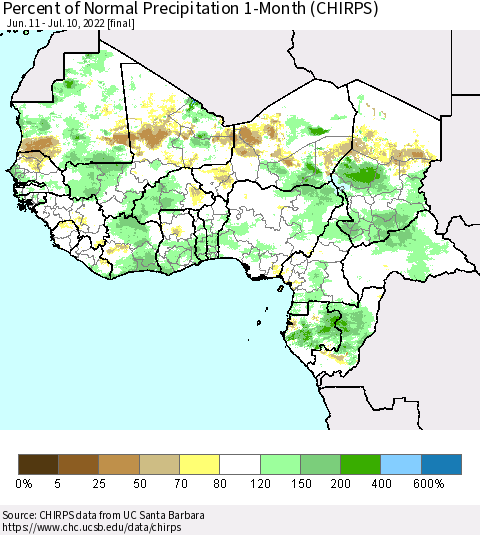 Western Africa Percent of Normal Precipitation 1-Month (CHIRPS) Thematic Map For 6/11/2022 - 7/10/2022