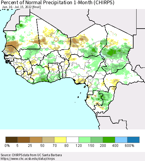 Western Africa Percent of Normal Precipitation 1-Month (CHIRPS) Thematic Map For 6/16/2022 - 7/15/2022