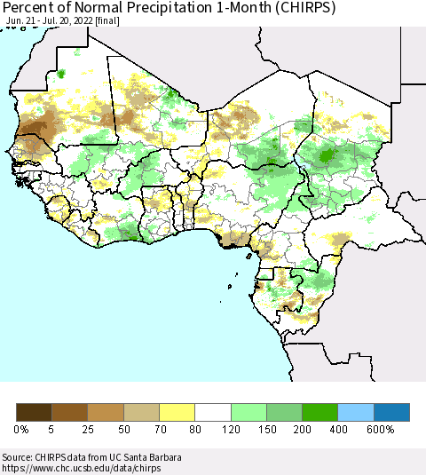 Western Africa Percent of Normal Precipitation 1-Month (CHIRPS) Thematic Map For 6/21/2022 - 7/20/2022