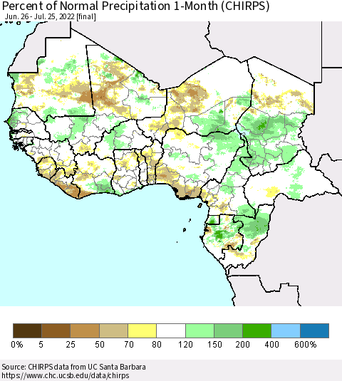 Western Africa Percent of Normal Precipitation 1-Month (CHIRPS) Thematic Map For 6/26/2022 - 7/25/2022