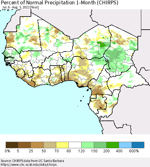 Western Africa Percent of Normal Precipitation 1-Month (CHIRPS) Thematic Map For 7/6/2022 - 8/5/2022