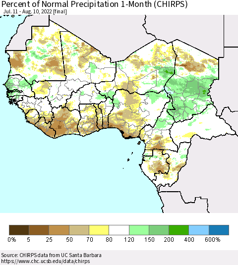 Western Africa Percent of Normal Precipitation 1-Month (CHIRPS) Thematic Map For 7/11/2022 - 8/10/2022