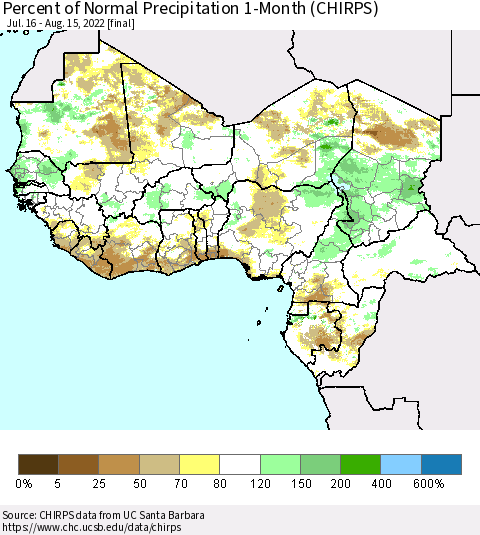 Western Africa Percent of Normal Precipitation 1-Month (CHIRPS) Thematic Map For 7/16/2022 - 8/15/2022