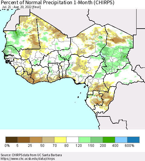 Western Africa Percent of Normal Precipitation 1-Month (CHIRPS) Thematic Map For 7/21/2022 - 8/20/2022