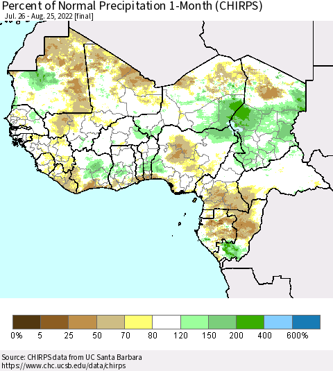 Western Africa Percent of Normal Precipitation 1-Month (CHIRPS) Thematic Map For 7/26/2022 - 8/25/2022