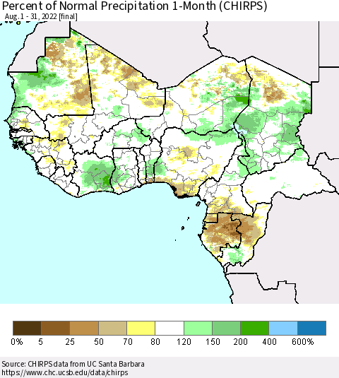 Western Africa Percent of Normal Precipitation 1-Month (CHIRPS) Thematic Map For 8/1/2022 - 8/31/2022