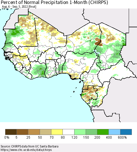Western Africa Percent of Normal Precipitation 1-Month (CHIRPS) Thematic Map For 8/6/2022 - 9/5/2022