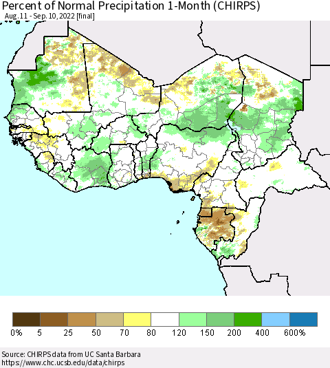 Western Africa Percent of Normal Precipitation 1-Month (CHIRPS) Thematic Map For 8/11/2022 - 9/10/2022