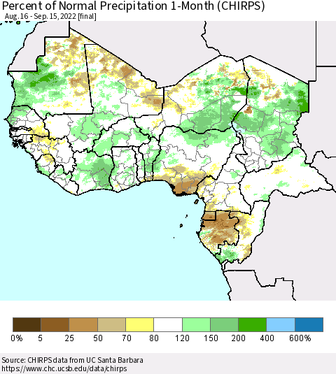 Western Africa Percent of Normal Precipitation 1-Month (CHIRPS) Thematic Map For 8/16/2022 - 9/15/2022