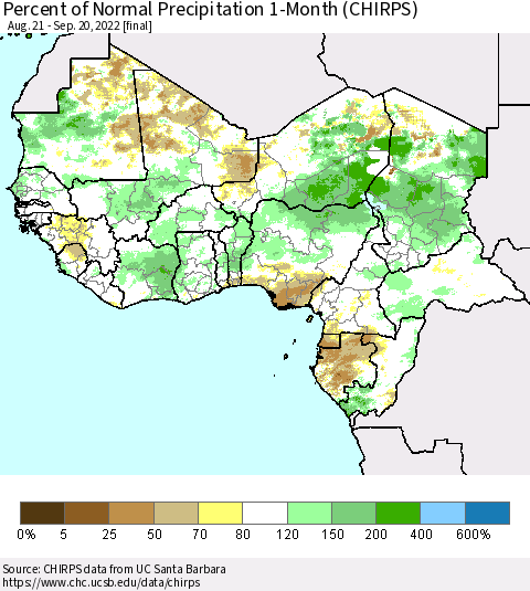 Western Africa Percent of Normal Precipitation 1-Month (CHIRPS) Thematic Map For 8/21/2022 - 9/20/2022
