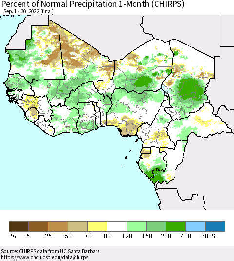 Western Africa Percent of Normal Precipitation 1-Month (CHIRPS) Thematic Map For 9/1/2022 - 9/30/2022