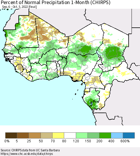 Western Africa Percent of Normal Precipitation 1-Month (CHIRPS) Thematic Map For 9/6/2022 - 10/5/2022