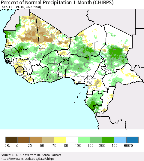 Western Africa Percent of Normal Precipitation 1-Month (CHIRPS) Thematic Map For 9/11/2022 - 10/10/2022