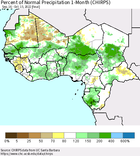 Western Africa Percent of Normal Precipitation 1-Month (CHIRPS) Thematic Map For 9/16/2022 - 10/15/2022