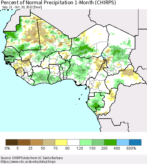 Western Africa Percent of Normal Precipitation 1-Month (CHIRPS) Thematic Map For 9/21/2022 - 10/20/2022