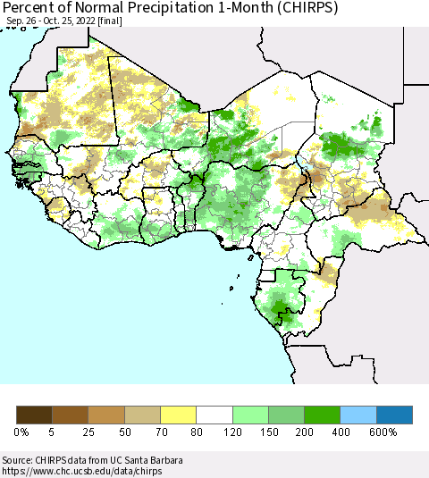 Western Africa Percent of Normal Precipitation 1-Month (CHIRPS) Thematic Map For 9/26/2022 - 10/25/2022