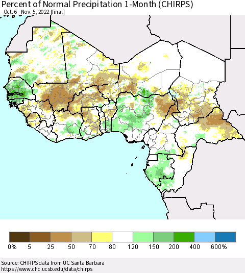 Western Africa Percent of Normal Precipitation 1-Month (CHIRPS) Thematic Map For 10/6/2022 - 11/5/2022