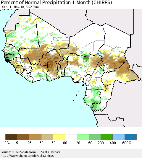 Western Africa Percent of Normal Precipitation 1-Month (CHIRPS) Thematic Map For 10/11/2022 - 11/10/2022