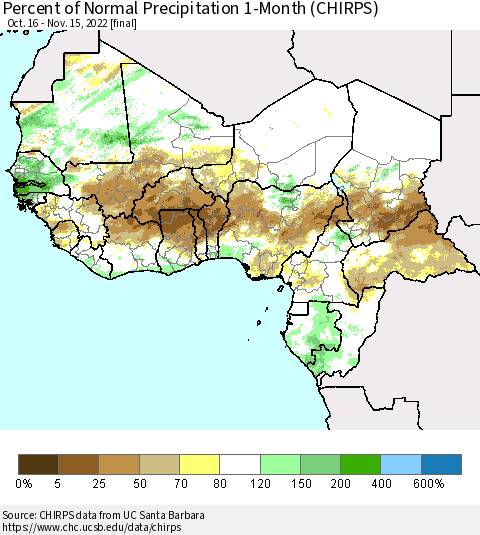 Western Africa Percent of Normal Precipitation 1-Month (CHIRPS) Thematic Map For 10/16/2022 - 11/15/2022