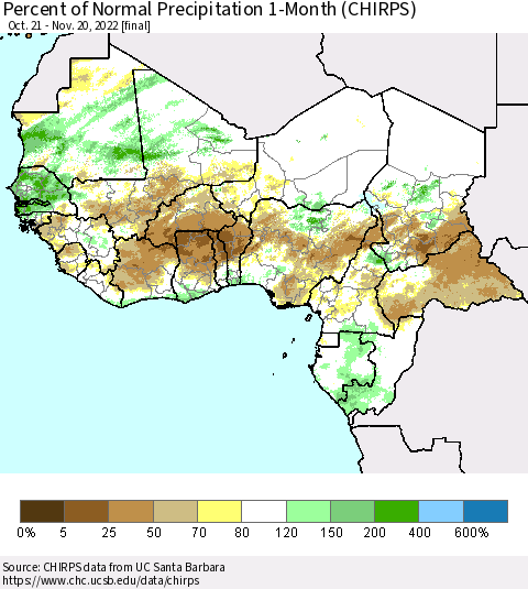 Western Africa Percent of Normal Precipitation 1-Month (CHIRPS) Thematic Map For 10/21/2022 - 11/20/2022