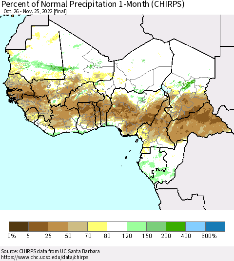 Western Africa Percent of Normal Precipitation 1-Month (CHIRPS) Thematic Map For 10/26/2022 - 11/25/2022