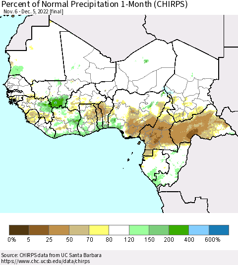 Western Africa Percent of Normal Precipitation 1-Month (CHIRPS) Thematic Map For 11/6/2022 - 12/5/2022