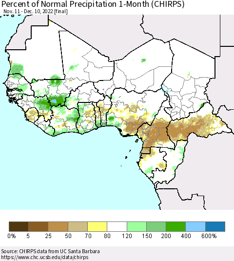 Western Africa Percent of Normal Precipitation 1-Month (CHIRPS) Thematic Map For 11/11/2022 - 12/10/2022