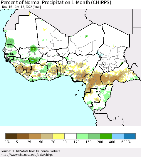 Western Africa Percent of Normal Precipitation 1-Month (CHIRPS) Thematic Map For 11/16/2022 - 12/15/2022