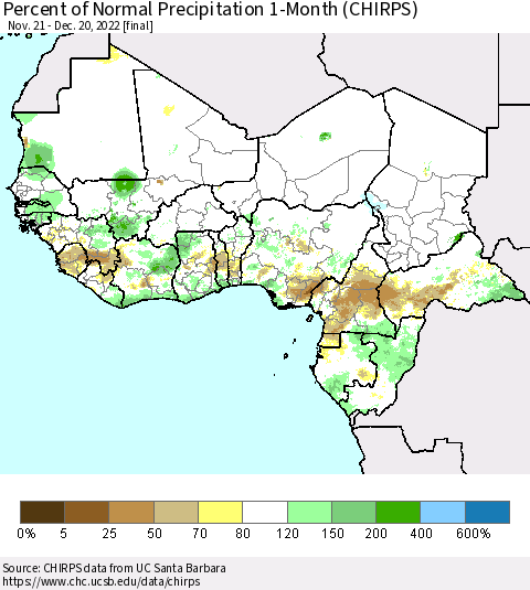 Western Africa Percent of Normal Precipitation 1-Month (CHIRPS) Thematic Map For 11/21/2022 - 12/20/2022
