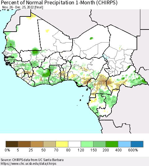 Western Africa Percent of Normal Precipitation 1-Month (CHIRPS) Thematic Map For 11/26/2022 - 12/25/2022