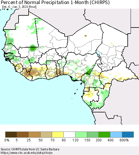Western Africa Percent of Normal Precipitation 1-Month (CHIRPS) Thematic Map For 12/6/2022 - 1/5/2023