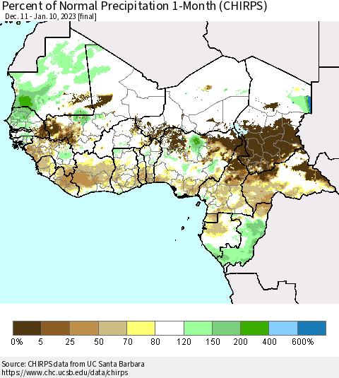 Western Africa Percent of Normal Precipitation 1-Month (CHIRPS) Thematic Map For 12/11/2022 - 1/10/2023