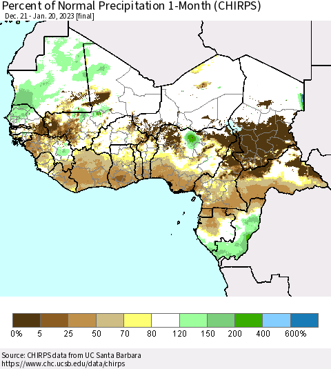 Western Africa Percent of Normal Precipitation 1-Month (CHIRPS) Thematic Map For 12/21/2022 - 1/20/2023