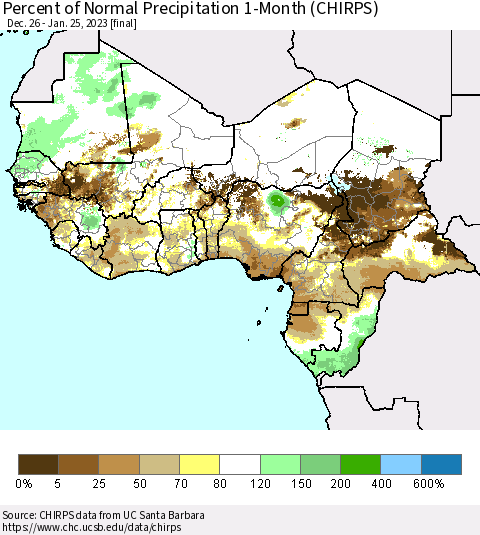 Western Africa Percent of Normal Precipitation 1-Month (CHIRPS) Thematic Map For 12/26/2022 - 1/25/2023