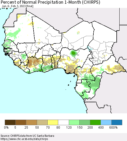 Western Africa Percent of Normal Precipitation 1-Month (CHIRPS) Thematic Map For 1/6/2023 - 2/5/2023