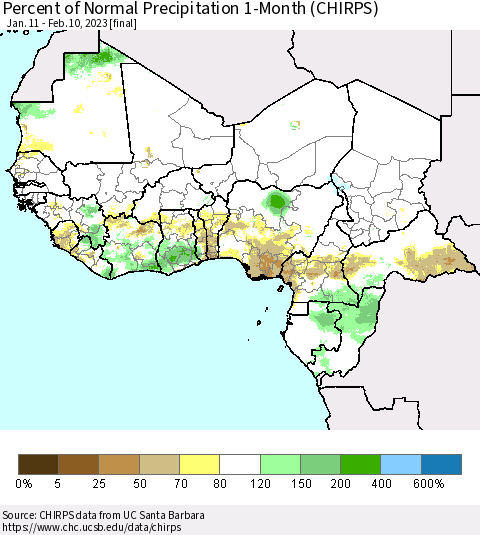 Western Africa Percent of Normal Precipitation 1-Month (CHIRPS) Thematic Map For 1/11/2023 - 2/10/2023