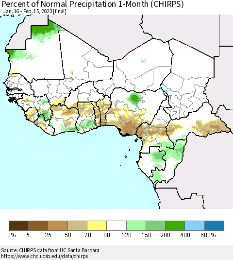 Western Africa Percent of Normal Precipitation 1-Month (CHIRPS) Thematic Map For 1/16/2023 - 2/15/2023