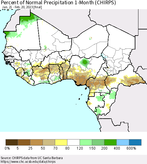Western Africa Percent of Normal Precipitation 1-Month (CHIRPS) Thematic Map For 1/21/2023 - 2/20/2023