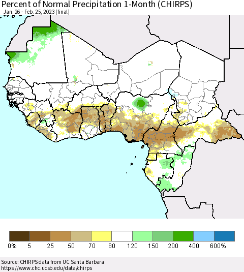 Western Africa Percent of Normal Precipitation 1-Month (CHIRPS) Thematic Map For 1/26/2023 - 2/25/2023