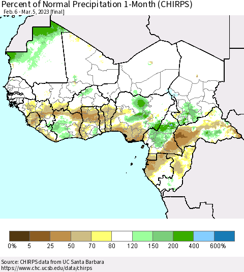 Western Africa Percent of Normal Precipitation 1-Month (CHIRPS) Thematic Map For 2/6/2023 - 3/5/2023