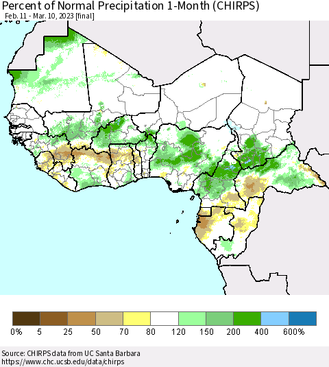 Western Africa Percent of Normal Precipitation 1-Month (CHIRPS) Thematic Map For 2/11/2023 - 3/10/2023