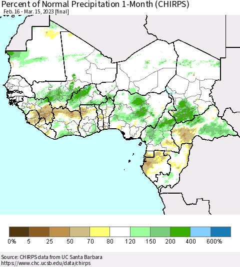 Western Africa Percent of Normal Precipitation 1-Month (CHIRPS) Thematic Map For 2/16/2023 - 3/15/2023