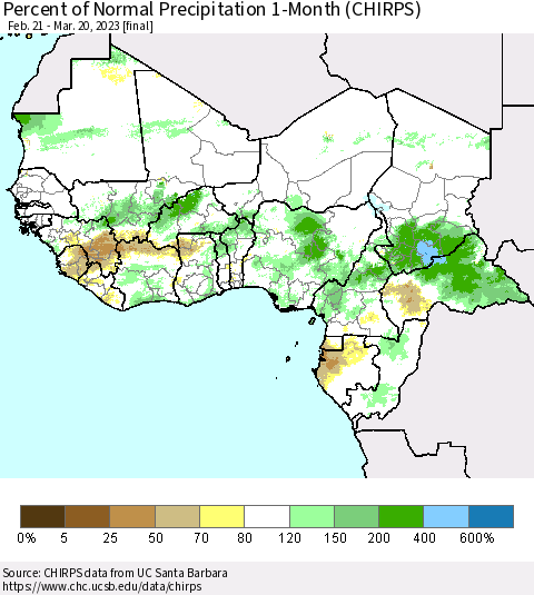 Western Africa Percent of Normal Precipitation 1-Month (CHIRPS) Thematic Map For 2/21/2023 - 3/20/2023