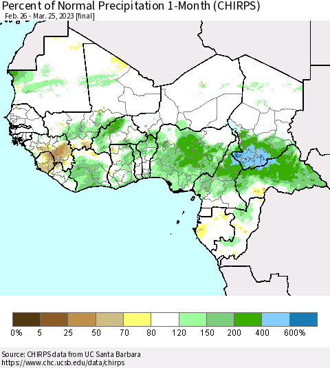 Western Africa Percent of Normal Precipitation 1-Month (CHIRPS) Thematic Map For 2/26/2023 - 3/25/2023