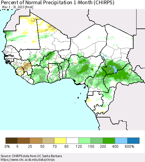 Western Africa Percent of Normal Precipitation 1-Month (CHIRPS) Thematic Map For 3/1/2023 - 3/31/2023