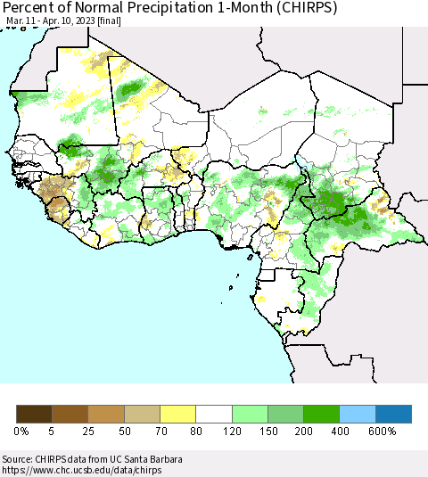 Western Africa Percent of Normal Precipitation 1-Month (CHIRPS) Thematic Map For 3/11/2023 - 4/10/2023