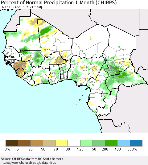 Western Africa Percent of Normal Precipitation 1-Month (CHIRPS) Thematic Map For 3/16/2023 - 4/15/2023
